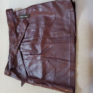 Wine/burgundy belted w/front pocket and side zipper faux leather mini skirt
